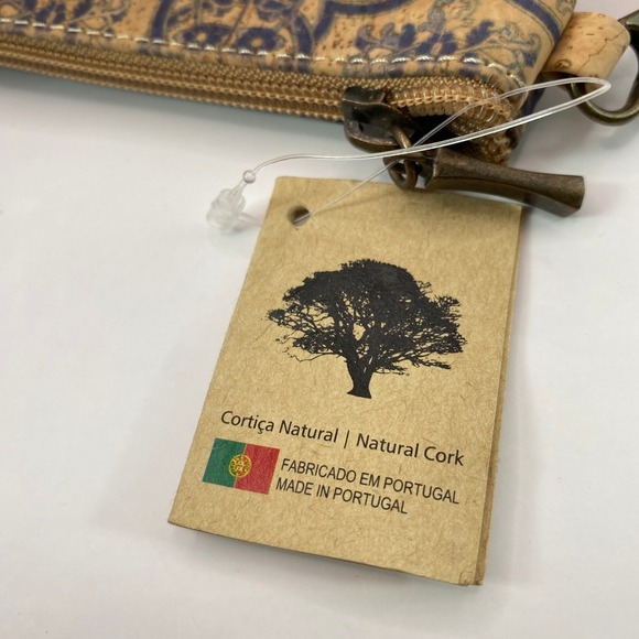 Natural Cork Wristlet Bag Pouch Eco Purse Tan Blue Floral Tile Portugal Made NWT - Picture 6 of 7